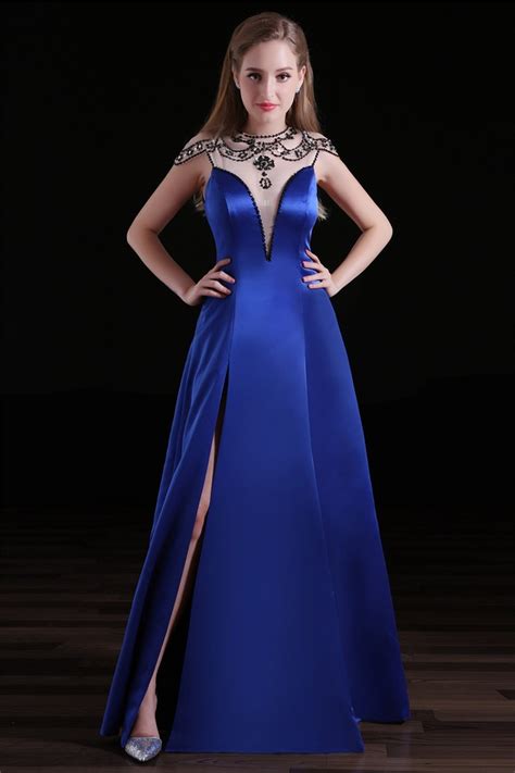 high neck cap sleeve royal blue satin tulle beaded prom dress with slit