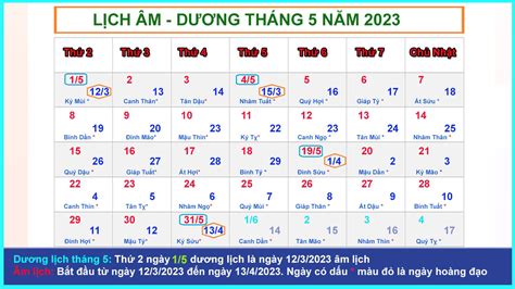 Lịch âm Dương Tháng 5 Năm 2023 Và Những Ngày Lễ Tháng 52023