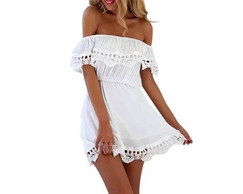 Women Summer Dress Laciness Women White Lace Sexy Dress Solid Off The Shoulder Wedding Party