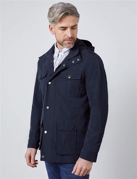 Weather Resistant Mens Field Jacket With Removable Hood In Navy Hawes