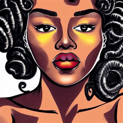 Beautiful Intricate Hot Retro Dark Skinned Girl With Curls Detailed Portrait Illustration In The