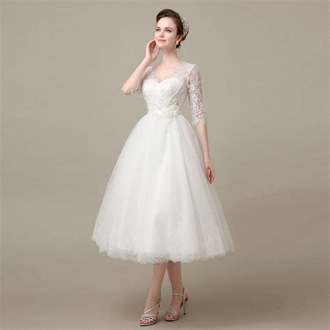 Hot Sale Half Sleeve Cheap Mid Calf Wedding Dresses Short 2017 Lace V