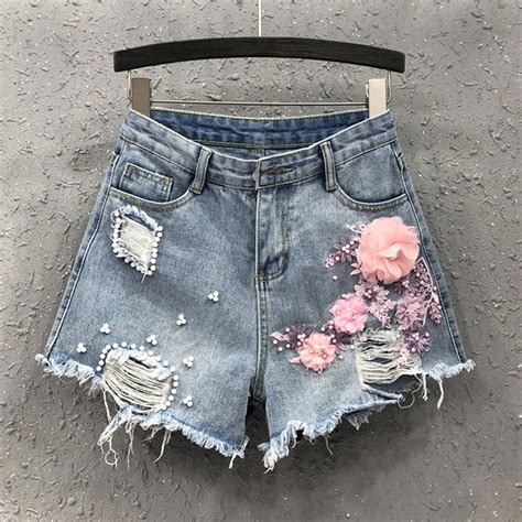Summer Casual Womens Female High Waist Ripped Hole Pearls Embroidery