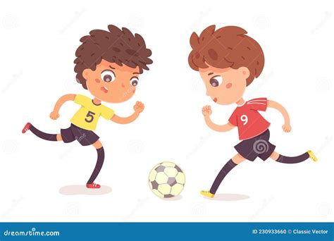 Boys Playing Football Together Two Happy Little Kids Playing Sport In
