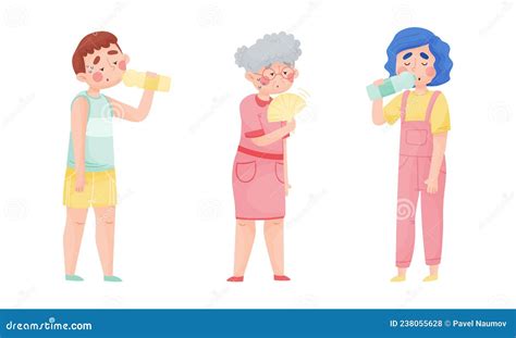Sweating Man And Woman Suffering From Hot Summer Weather Drinking Water And Waving Hand Fan