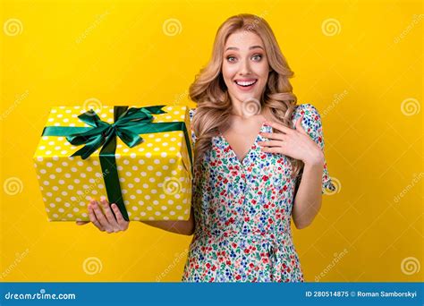 Portrait Of Positive Astonished Lady Wear Stylish Clothes Hold Big T