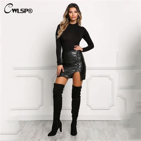 Cwlsp Black Lace Up Pu Leather Skirts 2017 Spring Autumn Womens Side