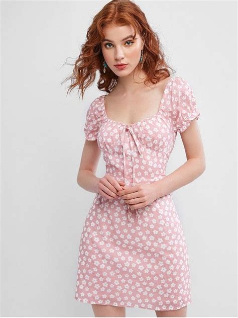 25 Off 2021 Tie Collar Ditsy Floral Milkmaid Mini Dress In Pink Zaful