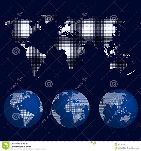 Set Of World Globes In Dot Pattern With The Map Of The World Stock