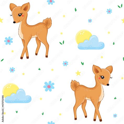 Cute Baby Deer Animal Seamless Pattern Nursery Illustration For