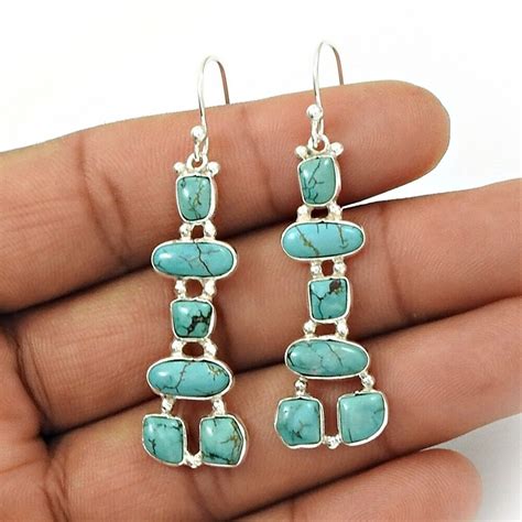 Natural Turquoise Gemstone Drop Dangle Inukshuk Earrings Silver For