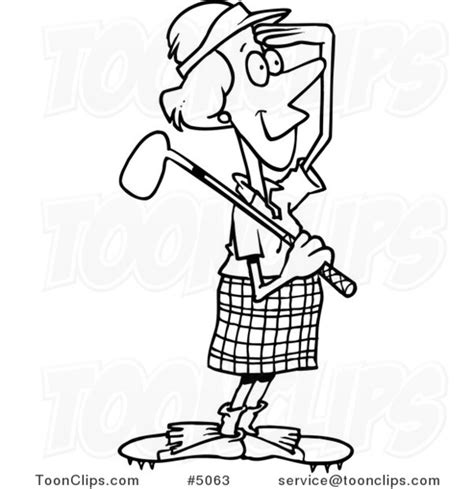 Cartoon Black And White Line Drawing Of A Female Golfer Viewing 5063