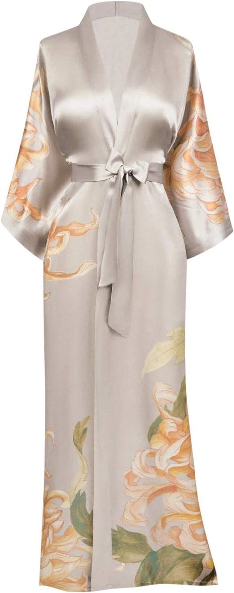 KIM ONO Washable Silk Kimono Robe Long Floral Print Kiku Willow At Amazon Womens Clothing Store