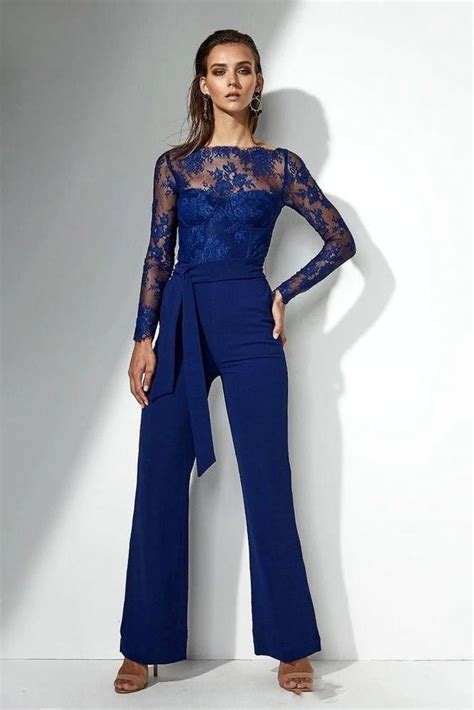 Elegant Royal Blue Lace Pant Suits Long Sleeve Chiffon Mother Of The