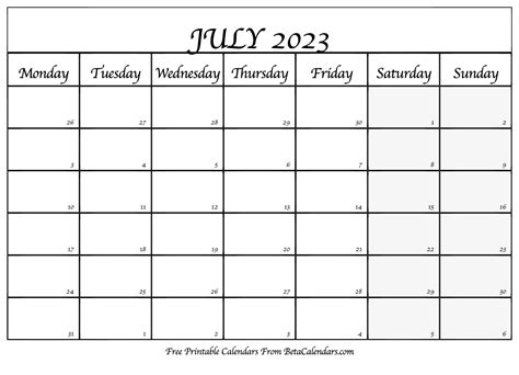 Blank July 2023 Calendar Printable Mobila Bucatarie 2