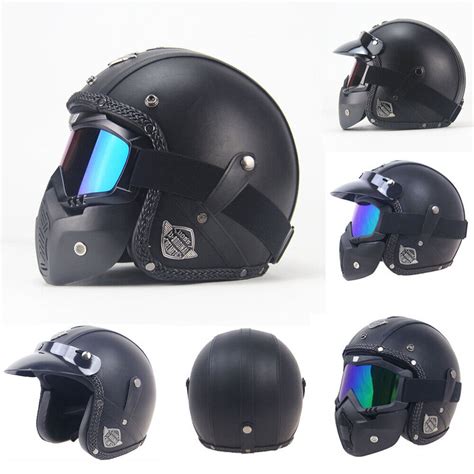 Dot Vintage Motorcycle Leather Helmet Open Face Wface Mask Street Bike
