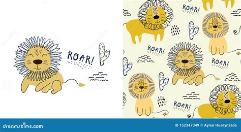 Set Of Cute Lion Print And Seamless Pattern With Lions Vector Stock