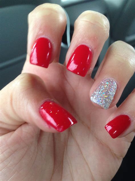 Acrylics Red With Glitter Nail On Ring Finger Homecoming Nails Red