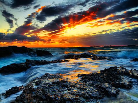 Rough Sea At Sunset Rocks Bonito Sunset Waves Sky Clouds Sundown