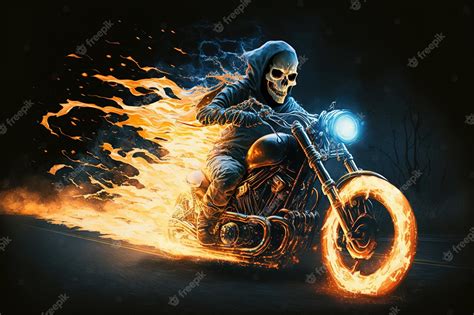 premium photo fire skeleton rider on motorcycle scary ghost biker riding at n