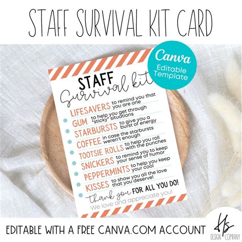 Editable Staff Survival Kit Card Staff Appreciation T Education