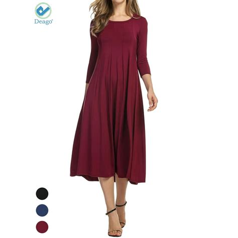 Deago Deago Womens Casual Dresses 34 Sleeve Round Neck A Line And Flare Midi Long Dress For