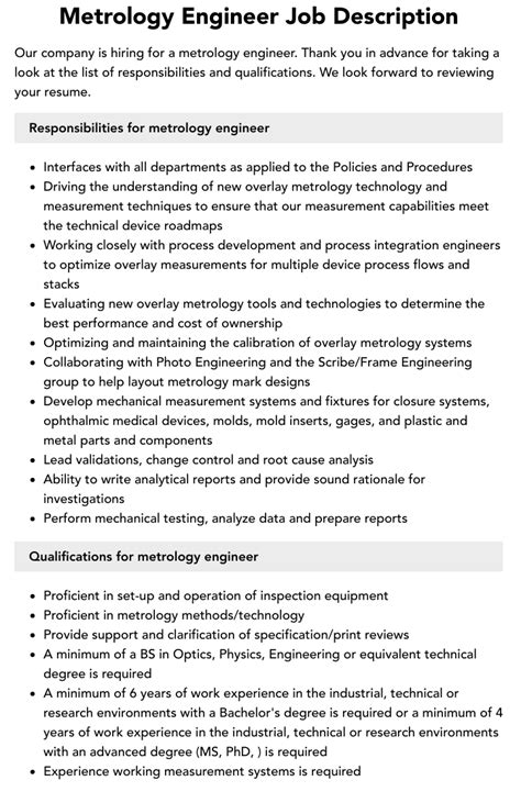Metrology Engineer Job Description Velvet Jobs