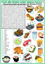 Totally free food flashcards, food game cards, food worksheets and more for your next esl/efl lesson, or for practice at home! Food and Drinks ESL Word Search Puzzle Worksheets