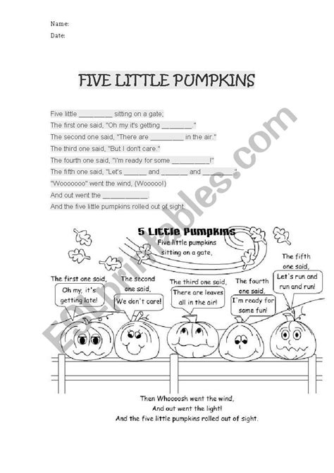 Five Little Pumpkins Song Esl Worksheet By Nereaniko