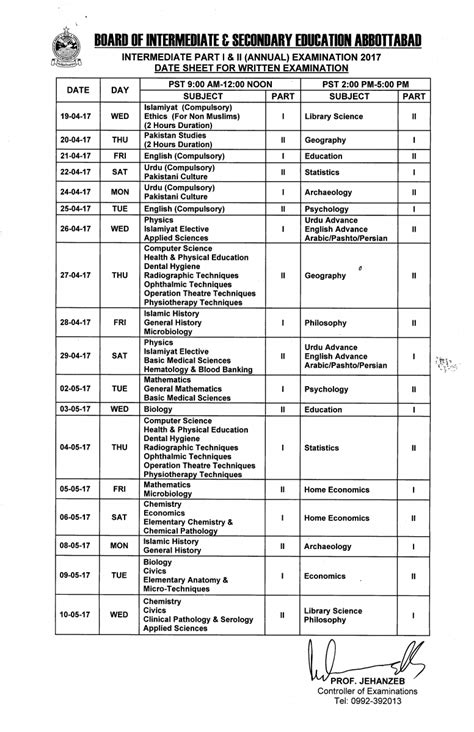 Bise Abbottabad Board Date Sheet 2022 Inter Part 1 2 Hssc Fa Fsc