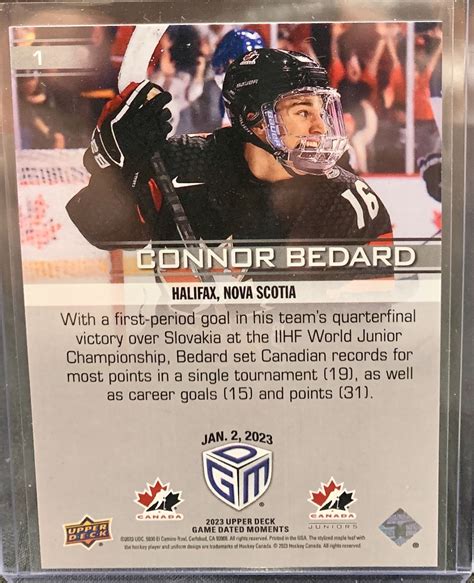 Connor Bedard Rare Game Dated Moments Record Setting Jan 2nd 2023 Upper Deck Hockey Card