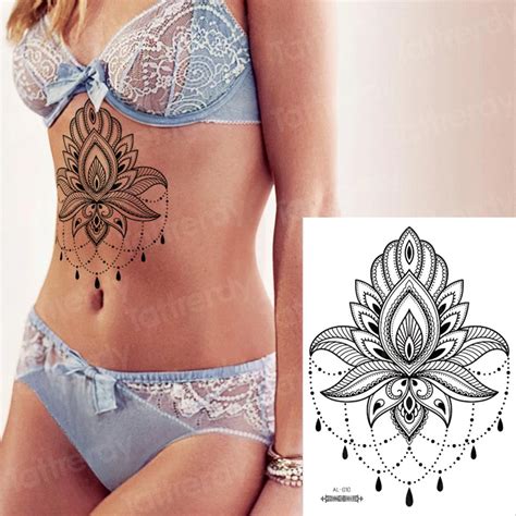 Mandala Sternum Temporary Tattoo Sexy Women Under Breast Tattoo Lace Black Lotus Flower