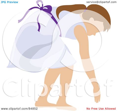 royalty free rf clipart illustration of a brunette caucasian girl in a purple dress bending