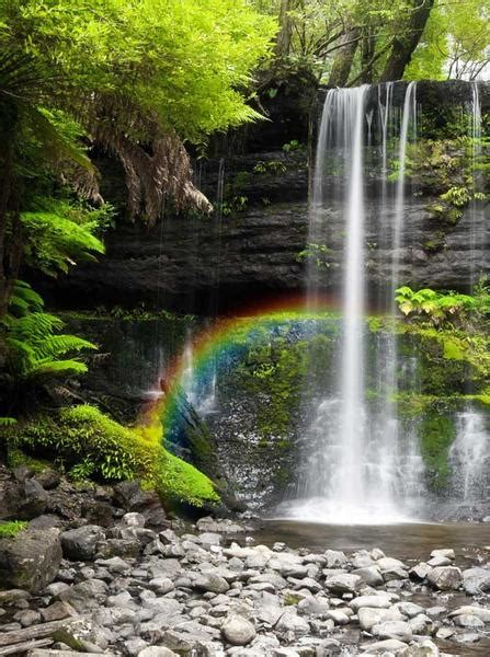 Rainbow Waterfall With Stone Shoreline Backdrop 134