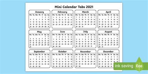 Mini Calendar Tabs 2021 Primary Resources Twinkl