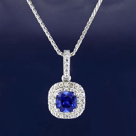 074 Carat Cushion Genuine Blue Sapphire And Diamond Halo Necklace