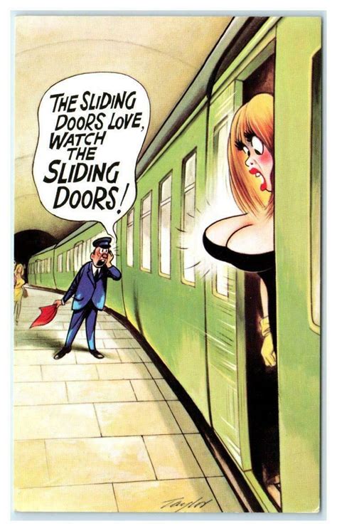 Bamfort Risque Comic Busty Woman Caught In Sliding Doors Postcard