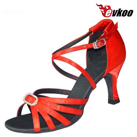 evkoodance black red tan khaki woman salsa shoes 7cm heel high satin with crystal buckle latin