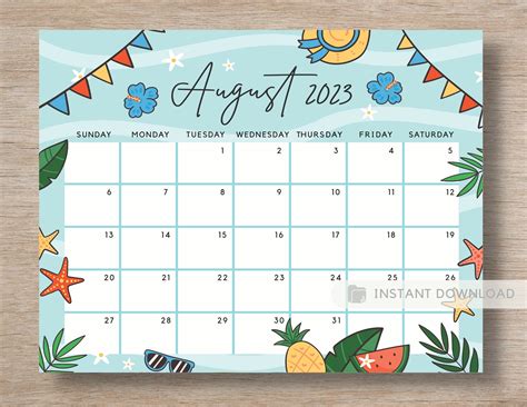 August 2023 Calendar Warm And Cute Summer Beach Printable Etsy