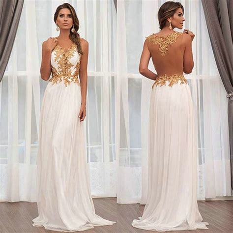 2016 White Chiffon Gold Lace Prom Dresses Sheer V Neck