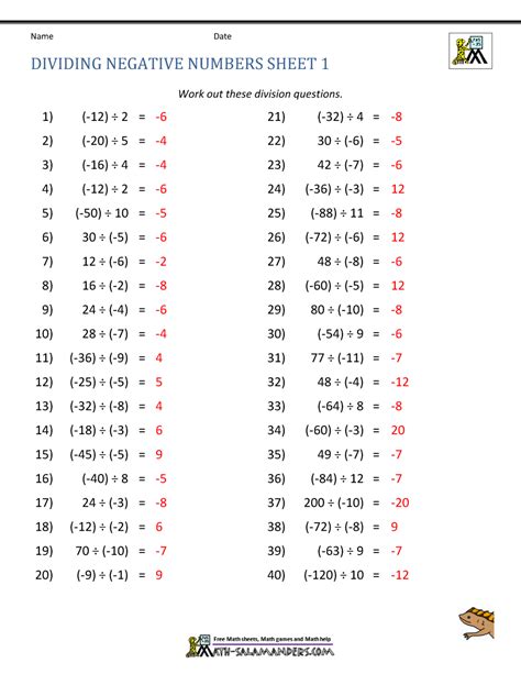 Dividing Negative Numbers Worksheet