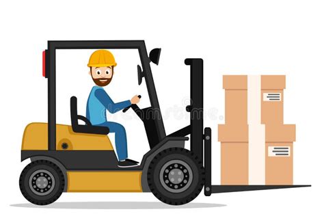 Driver On A Forklift Carries Boxes On A White Stock Vector