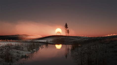 Landscape Sunset Lake Solar Eclipse Reflection Hd Wallpaper Peakpx