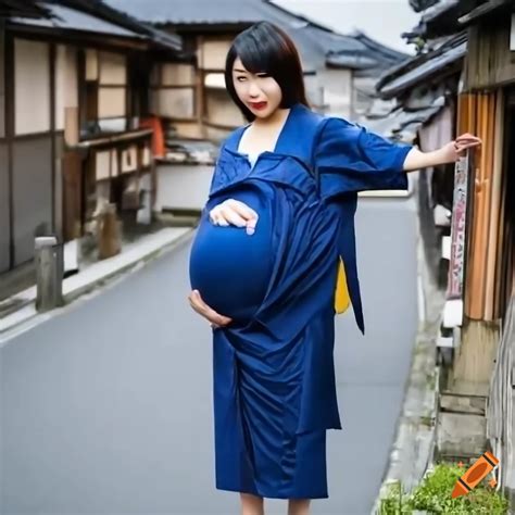 Heavily Pregnant Japanese Young Woman Wearing Dark Kemono Giant Pregnant Belly Standing In
