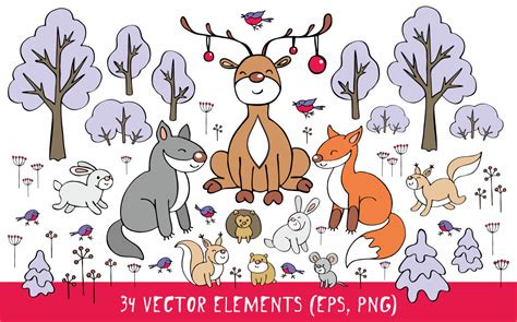 Stylish set christmas elements for design. Woodland animals. Christmas clip art. By Olga Belova ...