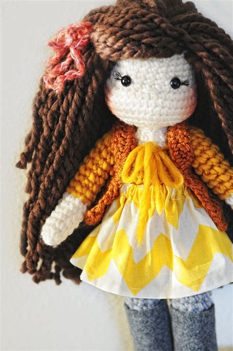 crochet doll fall inspired attire long brown hair wool doll handmade ~ ready to ship