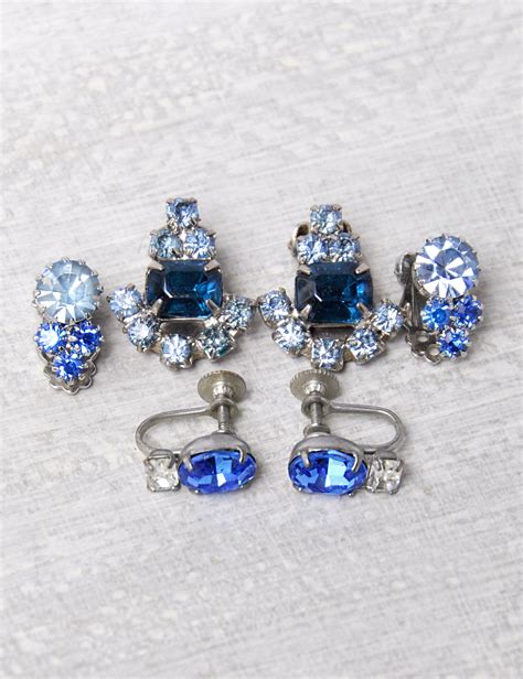 3 Vintage Rhinestone Earrings Silver Tone Blue Glass Stone Etsy