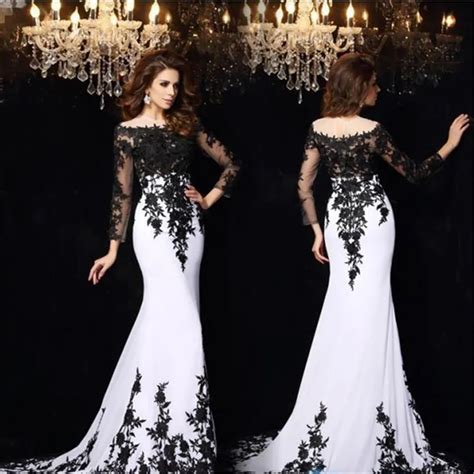 Elegant Black White Evening Dresses 2017 Long Sleeve Appliques Lace