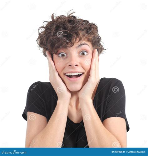 Euphoric Expression Of A Woman With Her Hands On The Face Stock Image