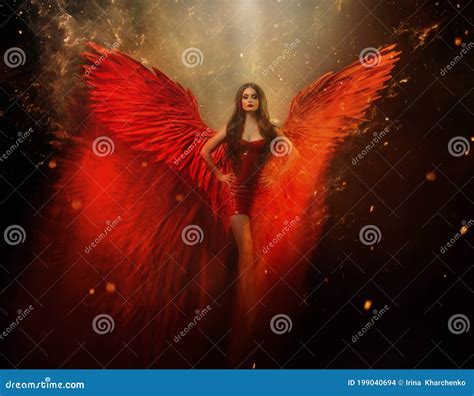 An Adult Beautiful Fantasy Girl A Fallen Angel With Spread Huge Red